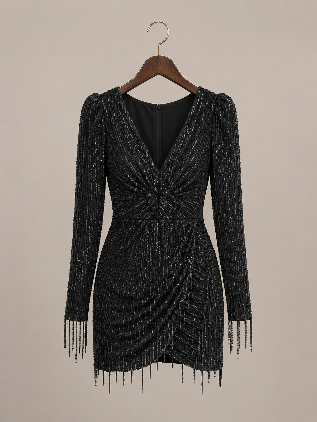 Long Sleeve V-neck Sequins Irregular Tassel Sheath Dress
