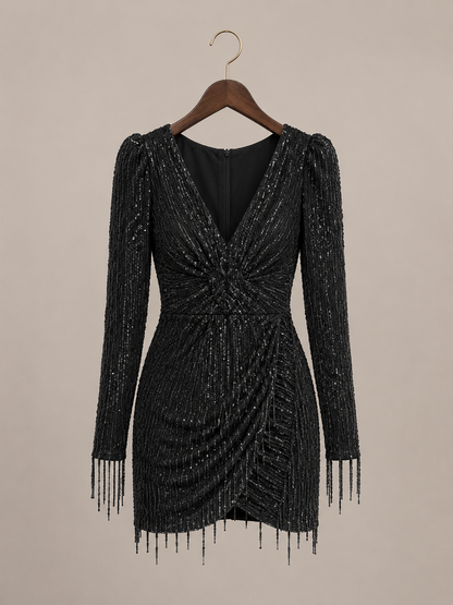 Long Sleeve V-neck Sequins Irregular Tassel Sheath Dress