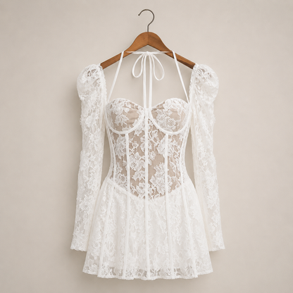 Ballet-style French Low-neck Waist-tight Lace Trim Dress