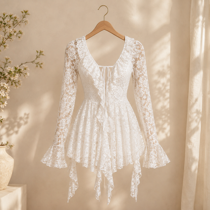 Womens Solid-Color Lace Short Sleeve Mini Dress