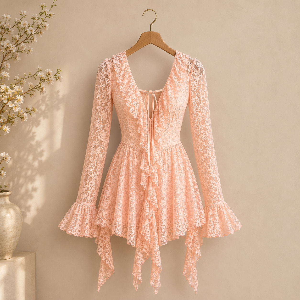 Womens Solid-Color Lace Short Sleeve Mini Dress
