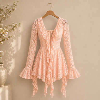 Womens Solid-Color Lace Short Sleeve Mini Dress