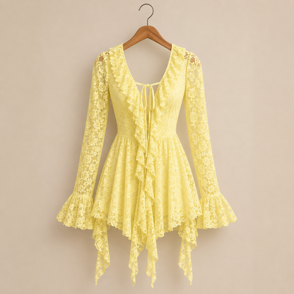 Womens Solid-Color Lace Short Sleeve Mini Dress
