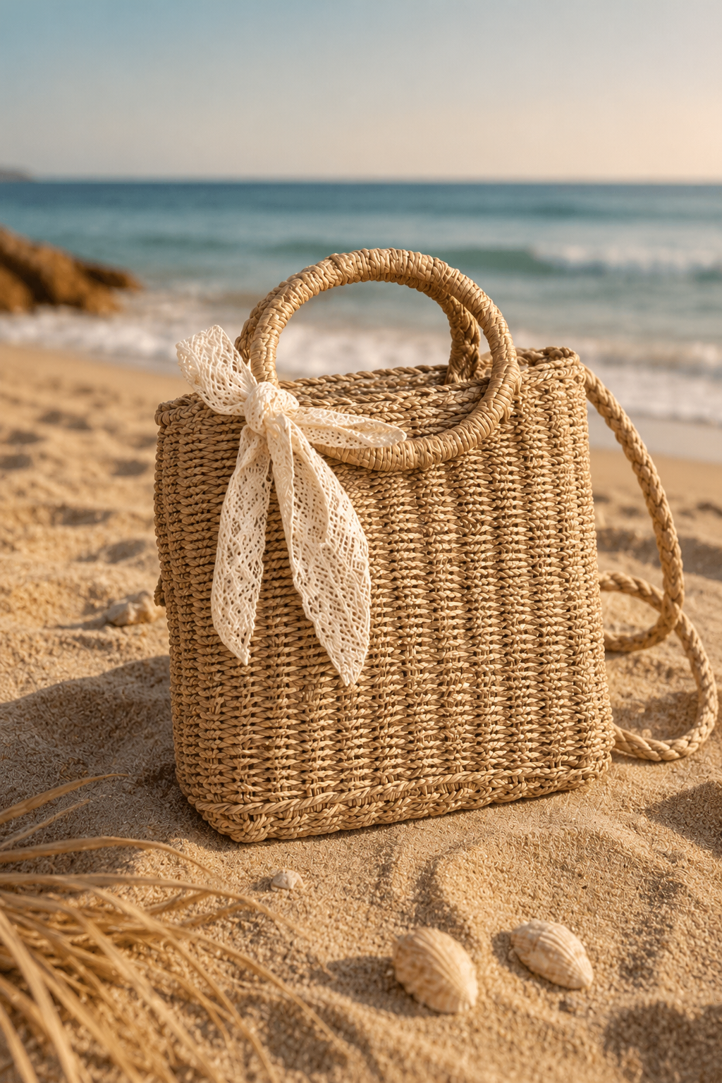 Minimalist Woven Straw Handbag with Bow – Effortless Summer Elegance