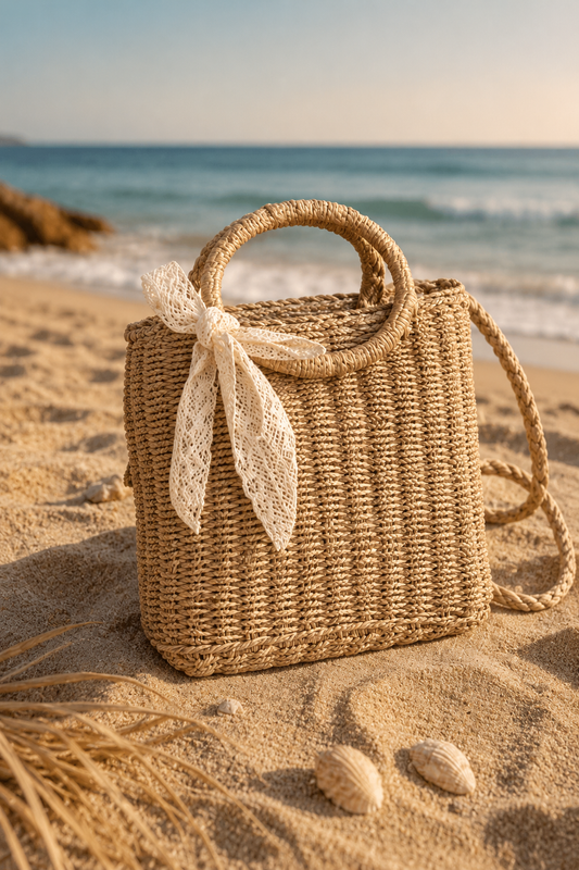 Minimalist Woven Straw Handbag with Bow – Effortless Summer Elegance