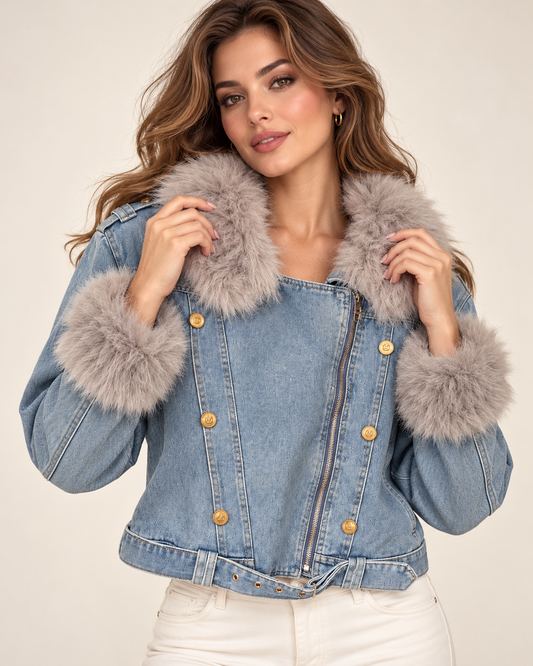 Alpine Fur-Trim Denim Jacket by Leonardé