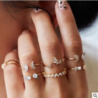 Fashion Diamond Love Pearl Leaf Ring Set Of 10