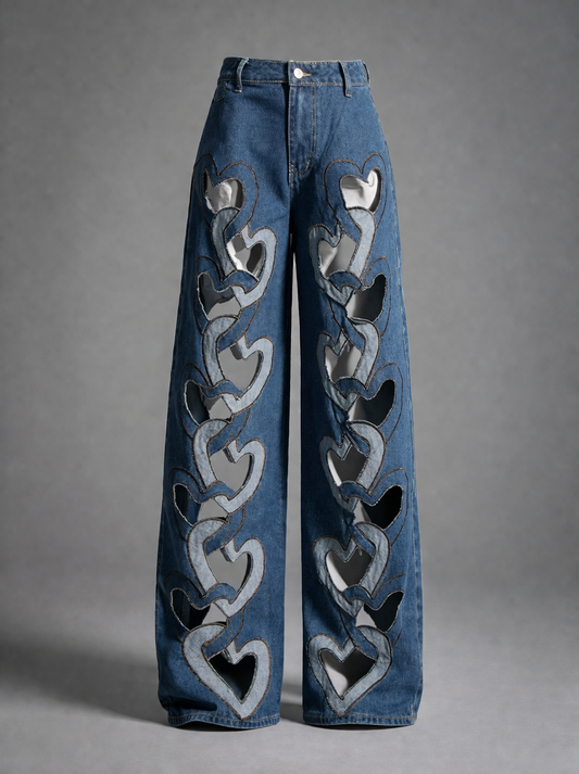 High Waist Hollowed Heart Shape Wide Leg Jeans
