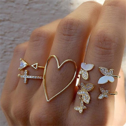 Fashion Diamond Love Pearl Leaf Ring Set Of 10