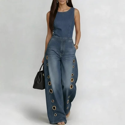 High-waisted Loose-fit Cutout Metal-detail Denim Jumpsuit