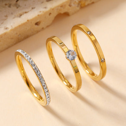 Stainless Steel Ring Three-piece Set Light Luxury High-grade Diamond