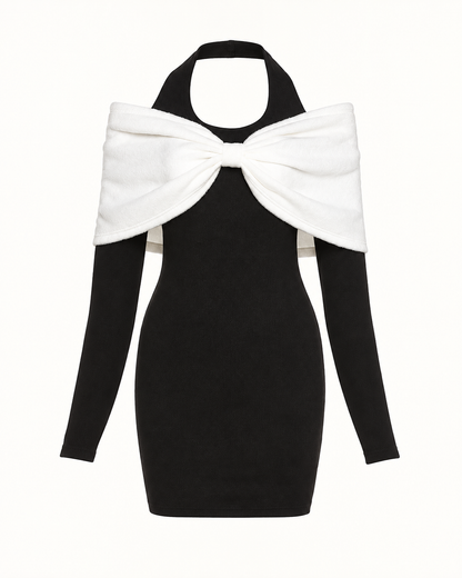 Contrast Bow-Shoulder Bodycon Mini Dress