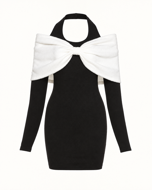 Contrast Bow-Shoulder Bodycon Mini Dress