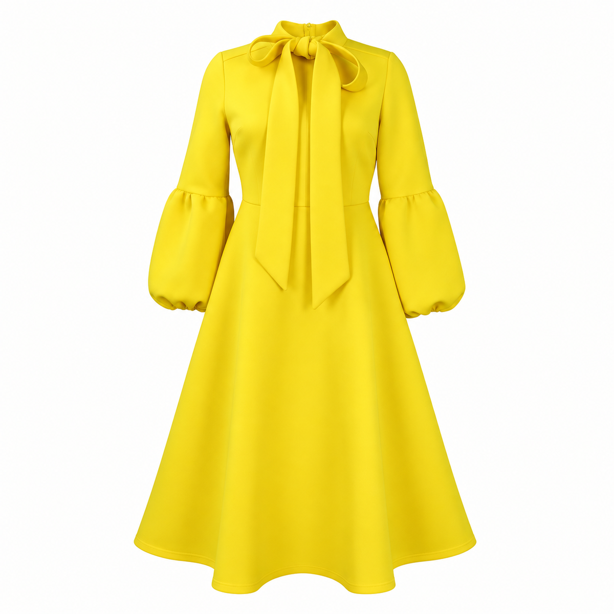 Bow-Neck Puff-Sleeve Midi Dress