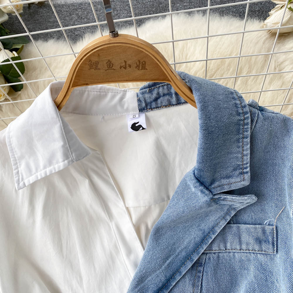 Irregular Long Sleeve Shirt Stitching Denim Dress