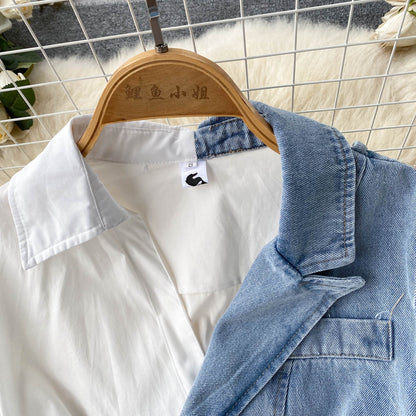 Irregular Long Sleeve Shirt Stitching Denim Dress