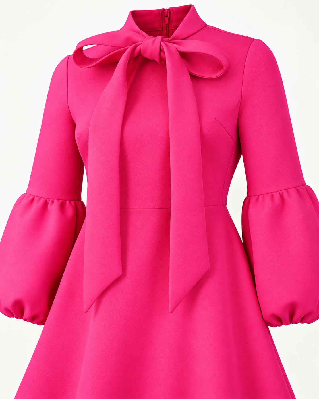 Bow-Neck Puff-Sleeve Midi Dress
