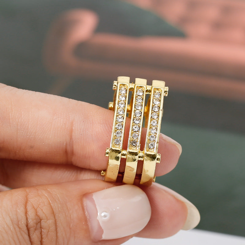 Gold Three-row Diamond Hollow Geometric Ring