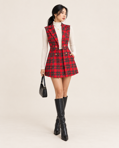 Red Plaid Sleeveless Mini Dress