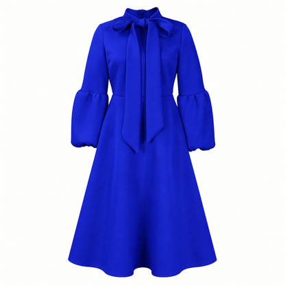 Bow-Neck Puff-Sleeve Midi Dress