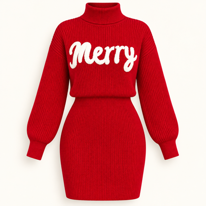 Red Merry Turtleneck Knit Mini Dress