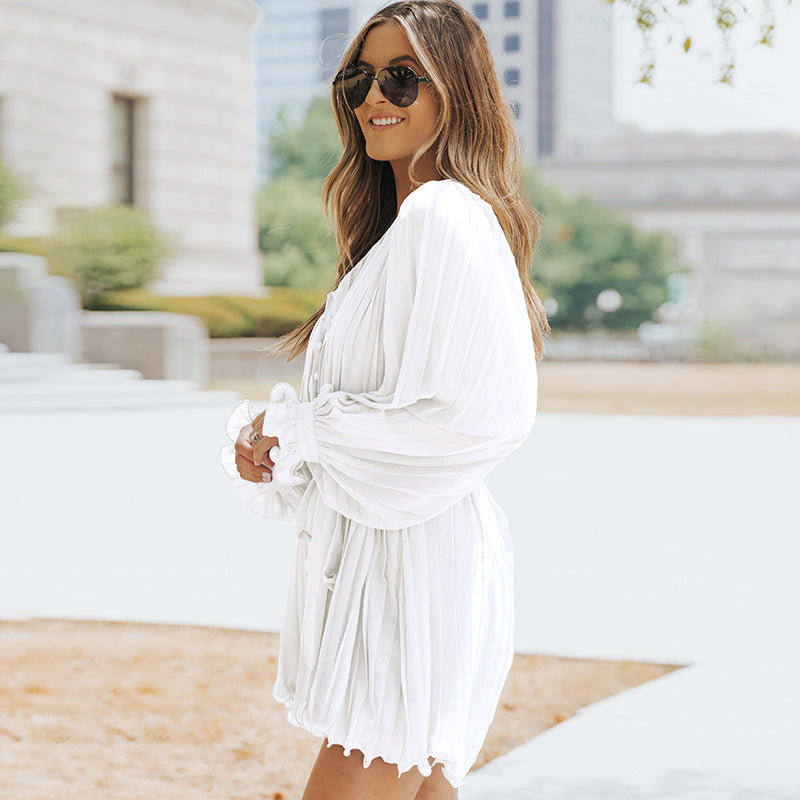 Fitted Waist Jumpsuit Women's Solid Color V-neck Long-sleeve Dress