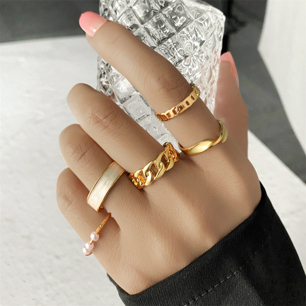 Fashion Diamond Love Pearl Leaf Ring Set Of 10