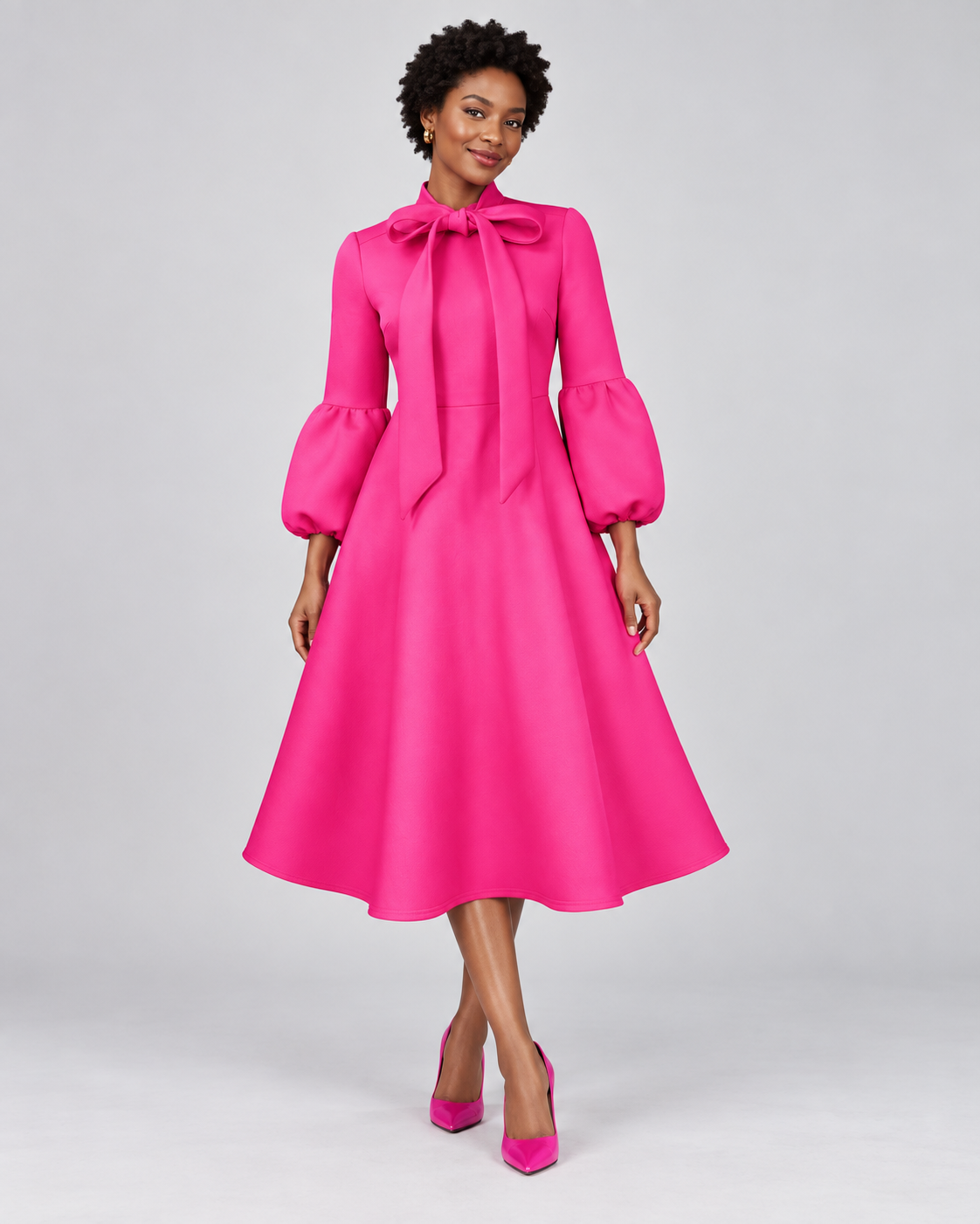 Bow-Neck Puff-Sleeve Midi Dress