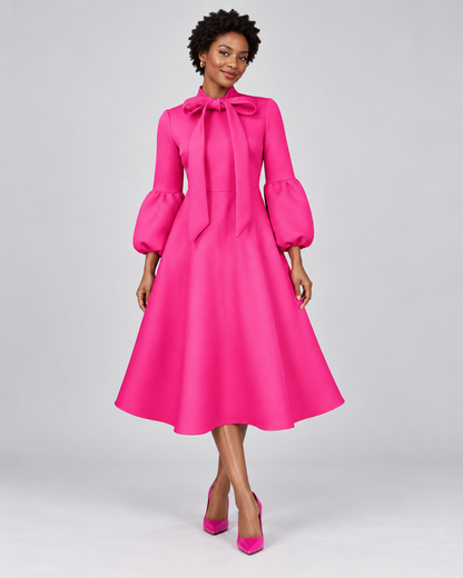 Bow-Neck Puff-Sleeve Midi Dress