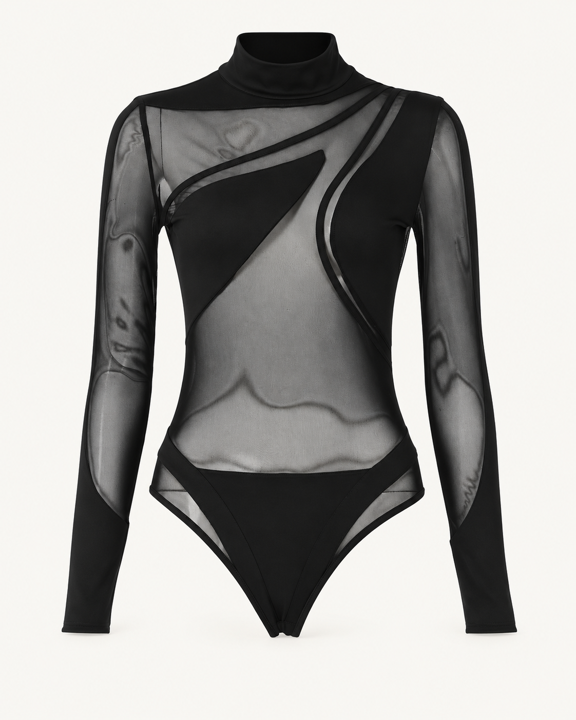 Asymmetric Mesh Bodysuit — studio front view