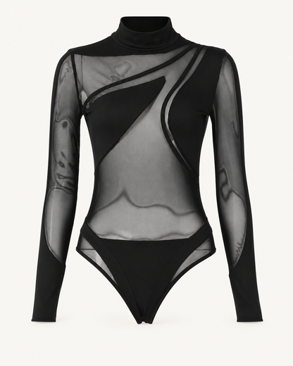 Asymmetric Mesh Bodysuit — studio front view