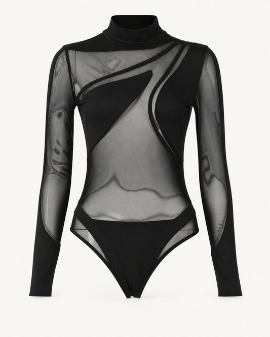 Asymmetric Mesh Bodysuit — studio front view