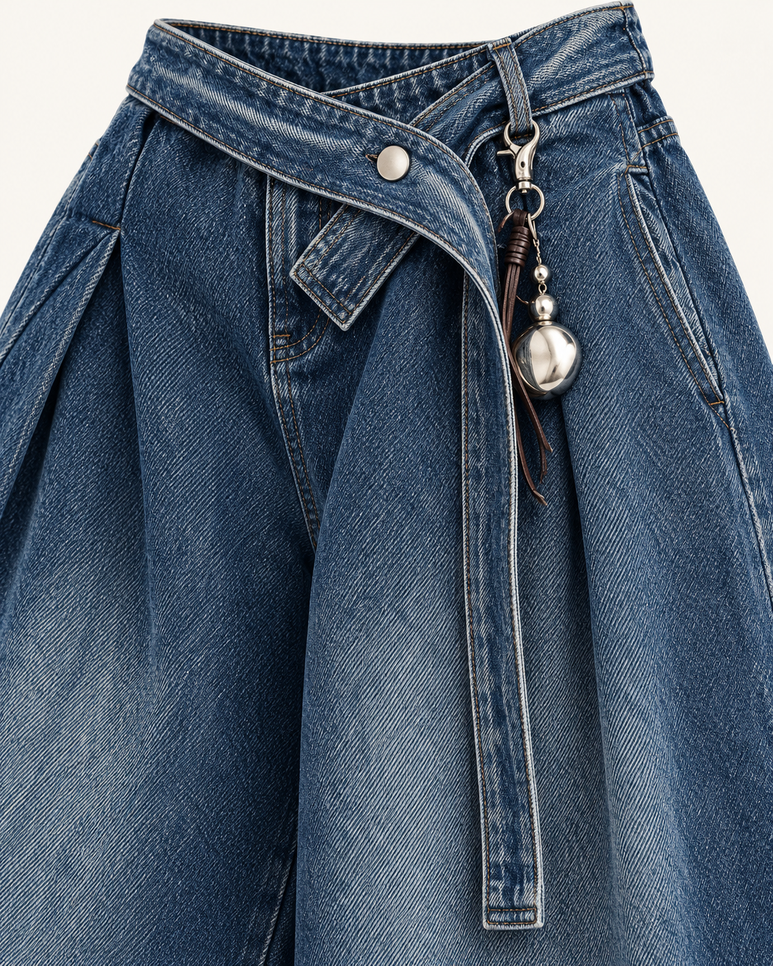 Asymmetric Tie-Waist Wide-Leg Jeans — fabric and construction detail