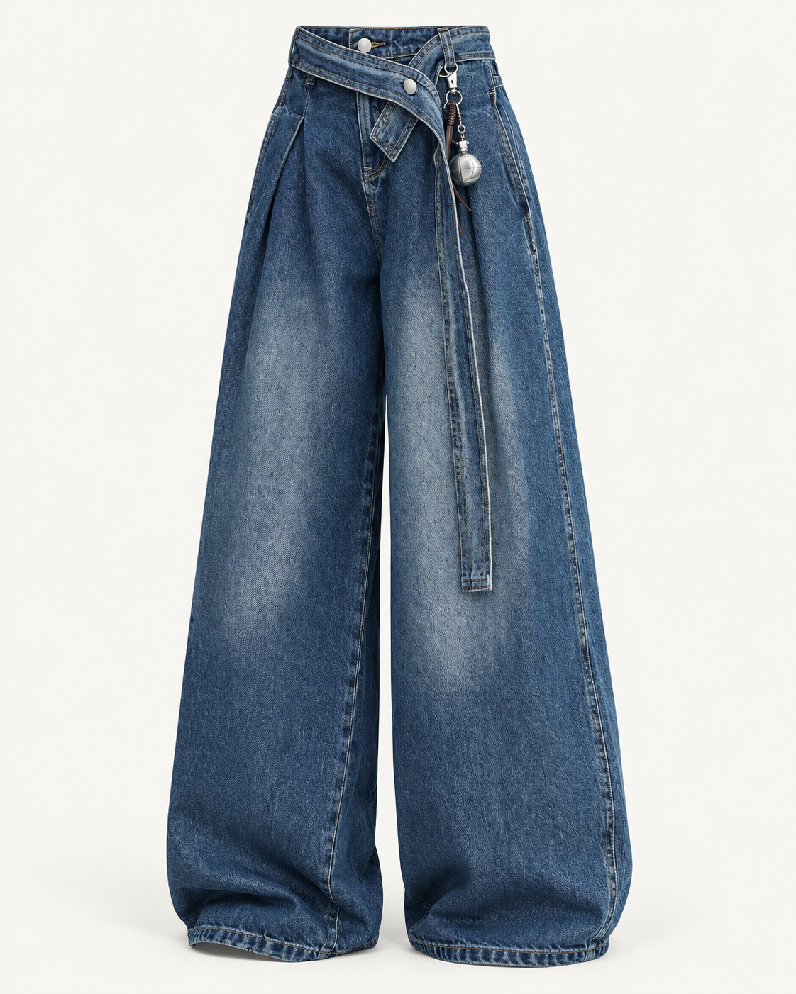 Asymmetric Tie-Waist Wide-Leg Jeans — studio front view