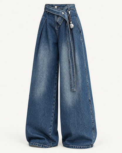 Asymmetric Tie-Waist Wide-Leg Jeans — studio front view