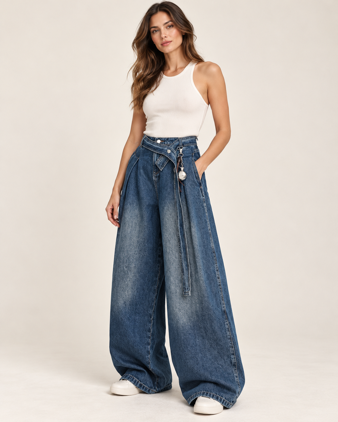 Asymmetric Tie-Waist Wide-Leg Jeans — model styling