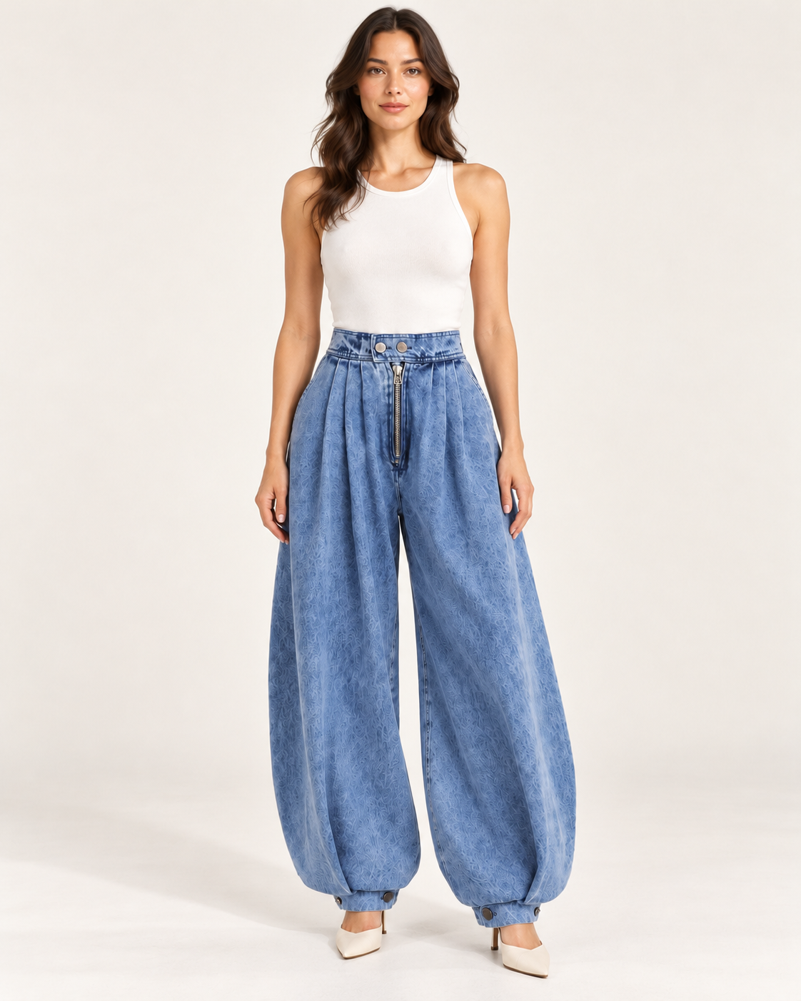 Zip-Detail Balloon Jeans — model facing forward with front buttons and zip