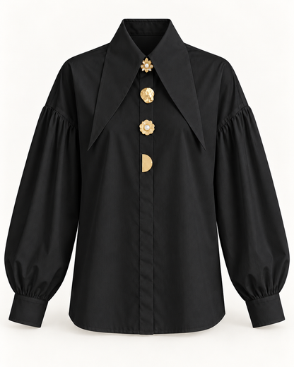 Gold-Button Statement Shirt — Black — crisp studio front