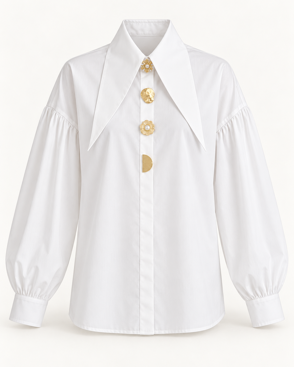Gold-Button Statement Shirt — White — crisp studio front