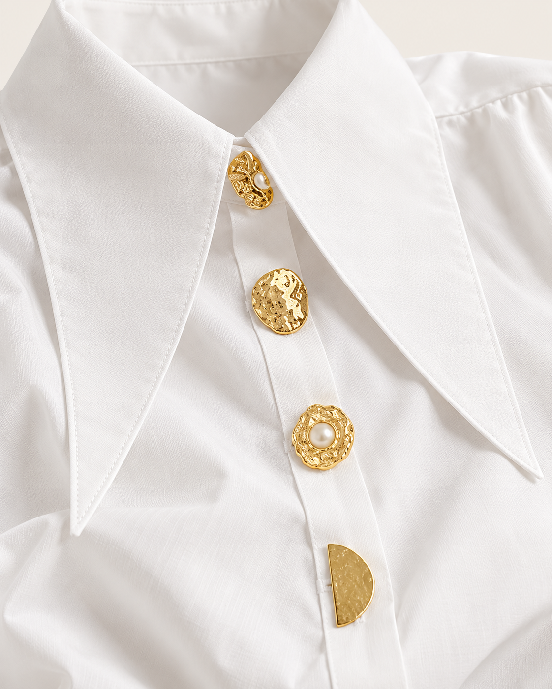 Gold-Button Statement Shirt — fabric and construction detail
