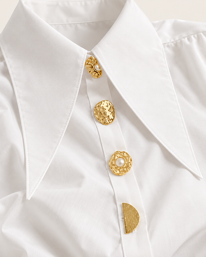 Gold-Button Statement Shirt — fabric and construction detail