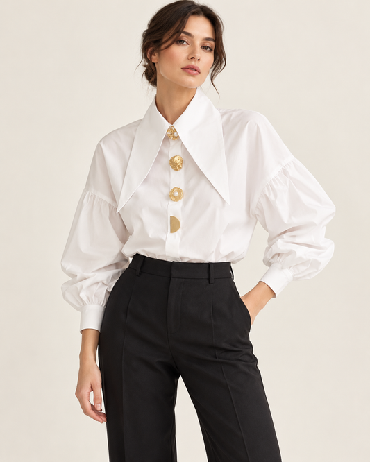 Gold-Button Statement Shirt — model styling