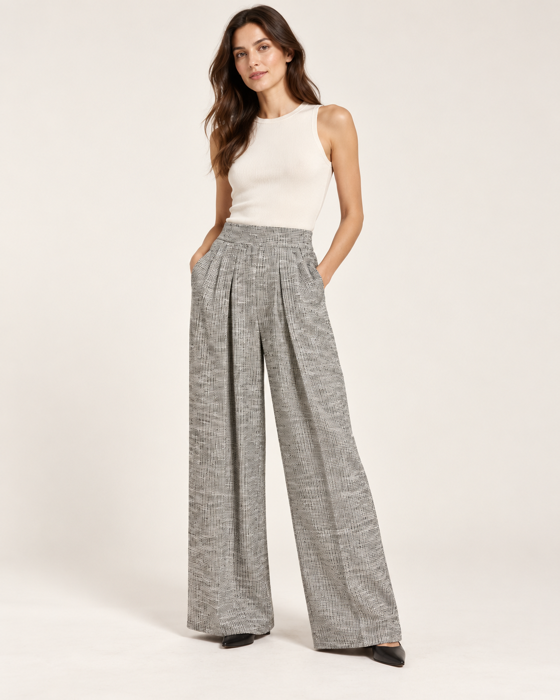 Grey Plaid Wide-Leg Trousers — model styling