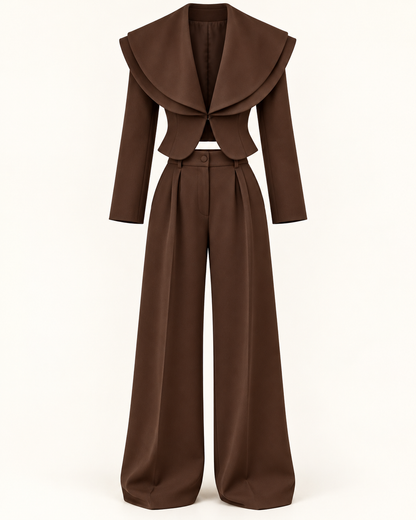 Conjunto de blazer e calças em castanho escuro