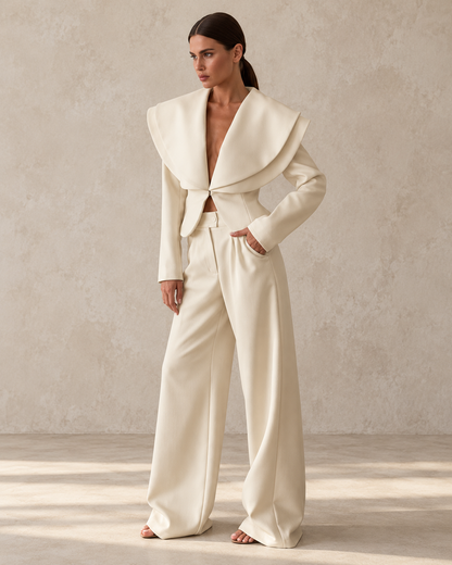 Conjunto marfim de blazer e calças em modelo