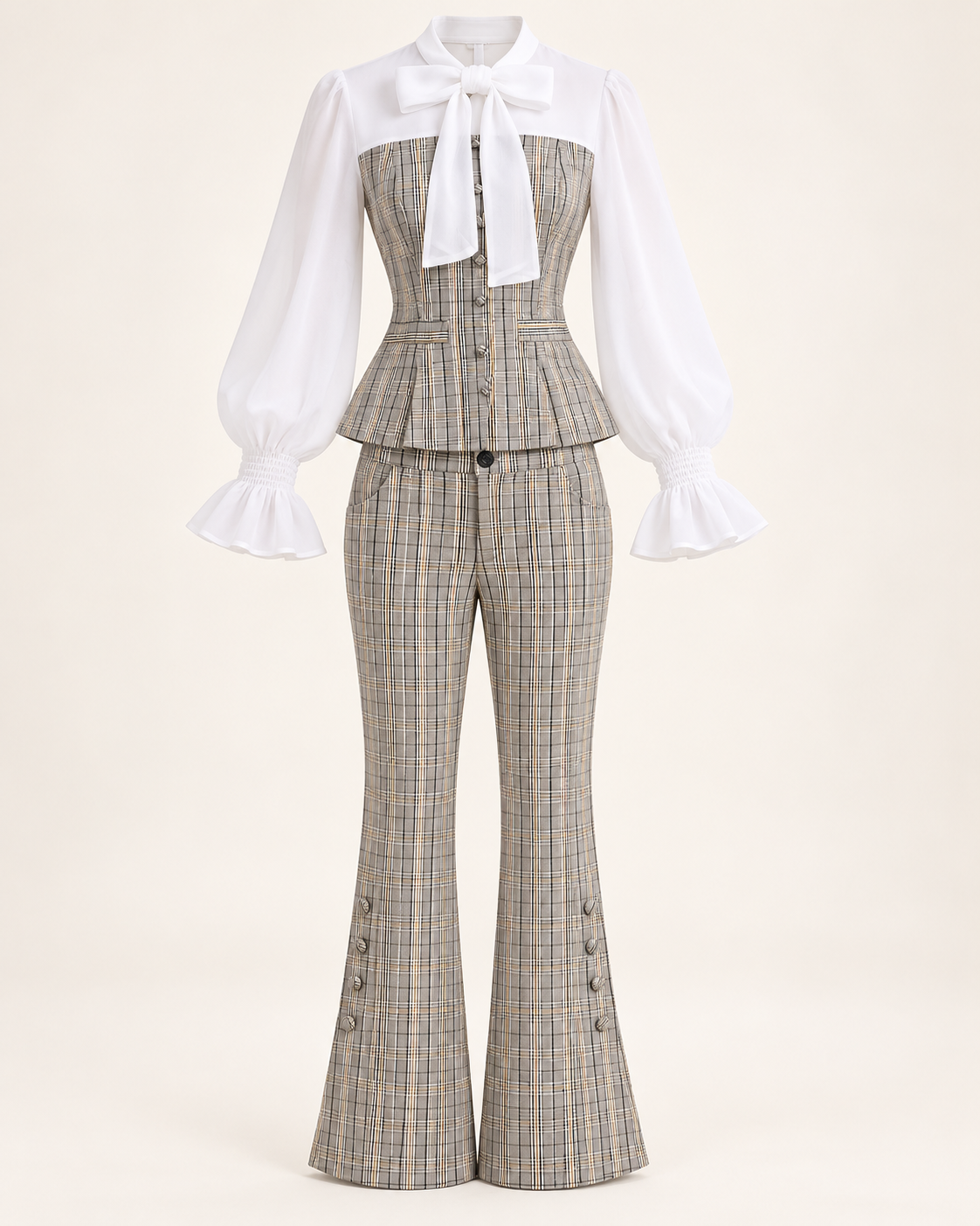 Plaid Bow Blouse & Trouser Set – set-front