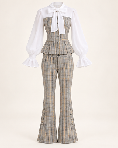 Plaid Bow Blouse & Trouser Set – set-front