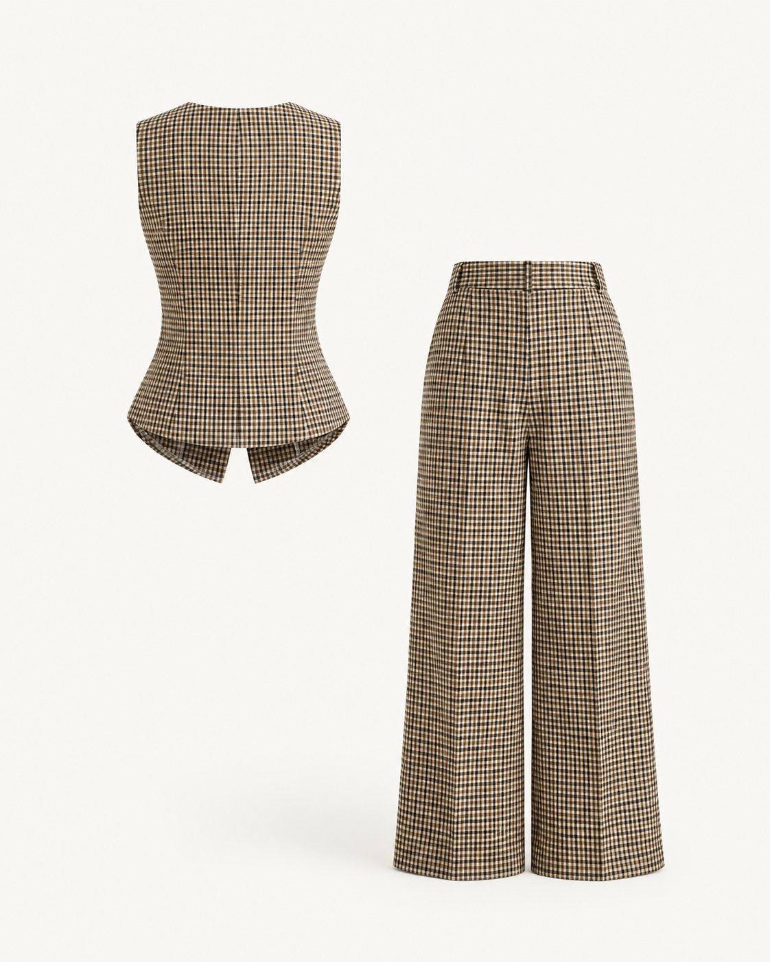 Plaid Waistcoat & Trouser Set — Khaki — back view