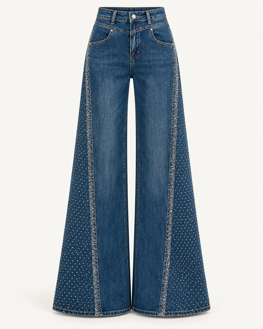 Rhinestone Wide-Leg Jeans — Dark Blue — studio product view