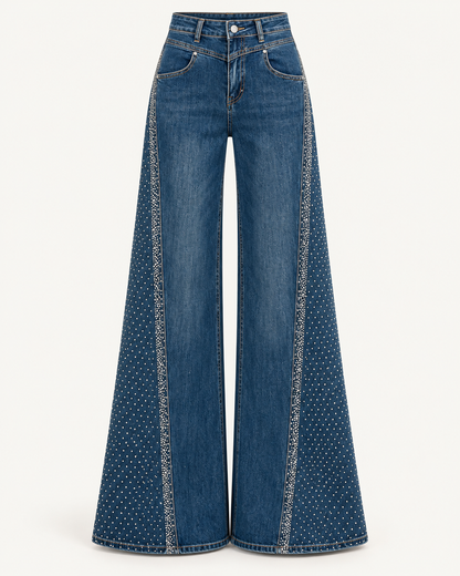 Rhinestone Wide-Leg Jeans — Dark Blue — studio product view